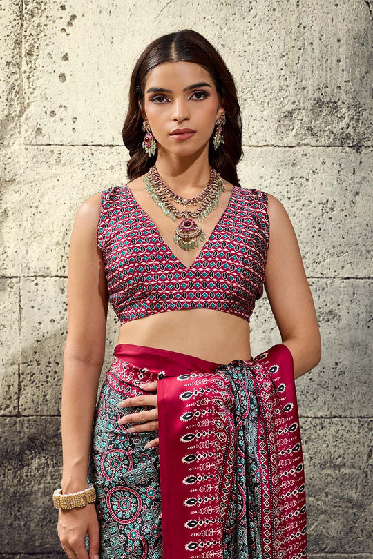 Lina Black and Red Ajrakh Print Modal Satin Ready to wear Saree