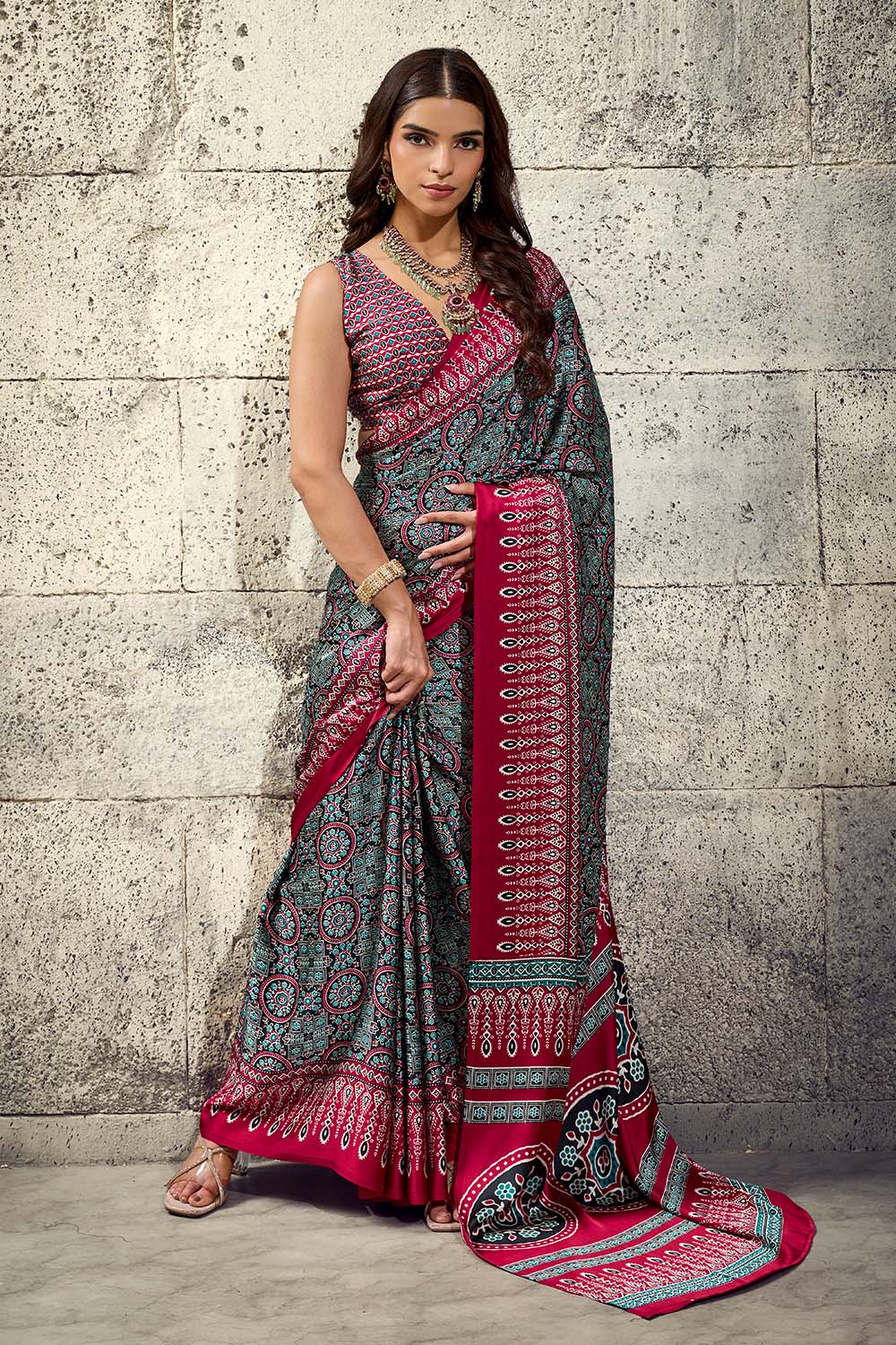 Lina Black and Red Ajrakh Print Modal Satin Ready to wear Saree