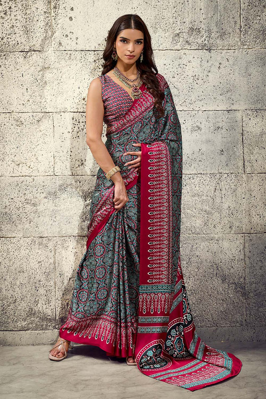 Lina Black and Red Ajrakh Print Modal Satin Ready to wear Saree