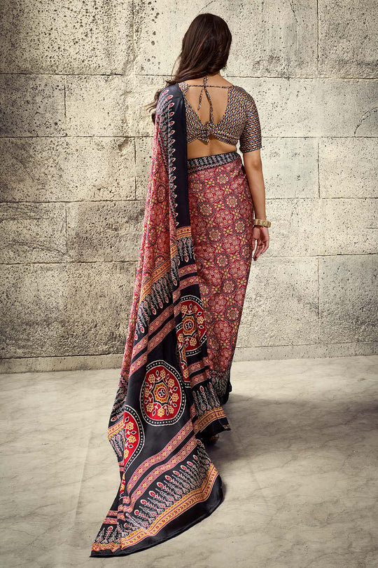 Lina Maroon and Black Ajrakh Print Modal Satin Ready to wear Saree
