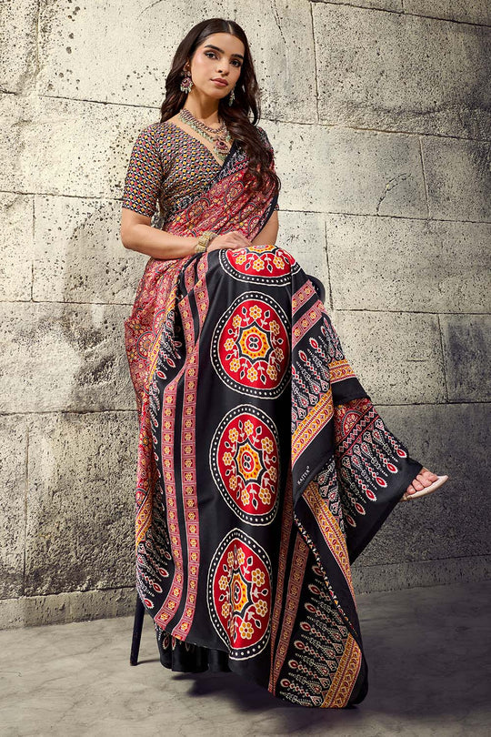 Lina Maroon and Black Ajrakh Print Modal Satin Ready to wear Saree