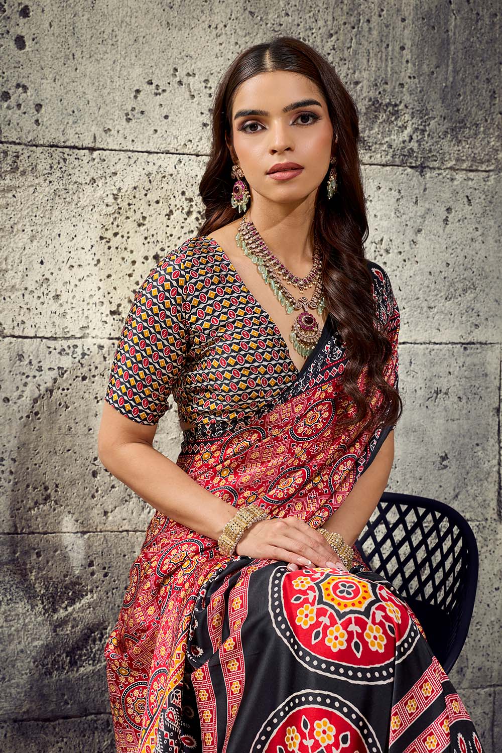 Lina Maroon and Black Ajrakh Print Modal Satin Ready to wear Saree