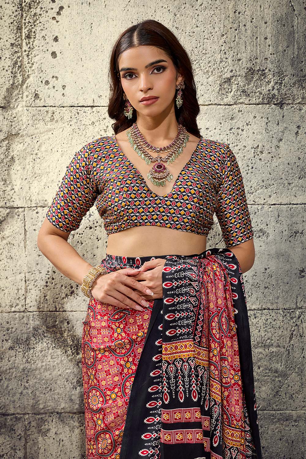 Lina Maroon and Black Ajrakh Print Modal Satin Ready to wear Saree