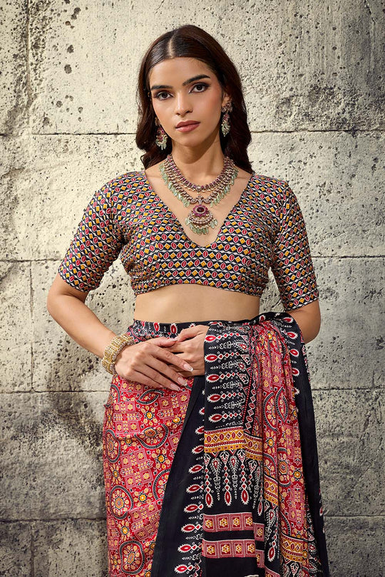 Lina Maroon and Black Ajrakh Print Modal Satin Ready to wear Saree