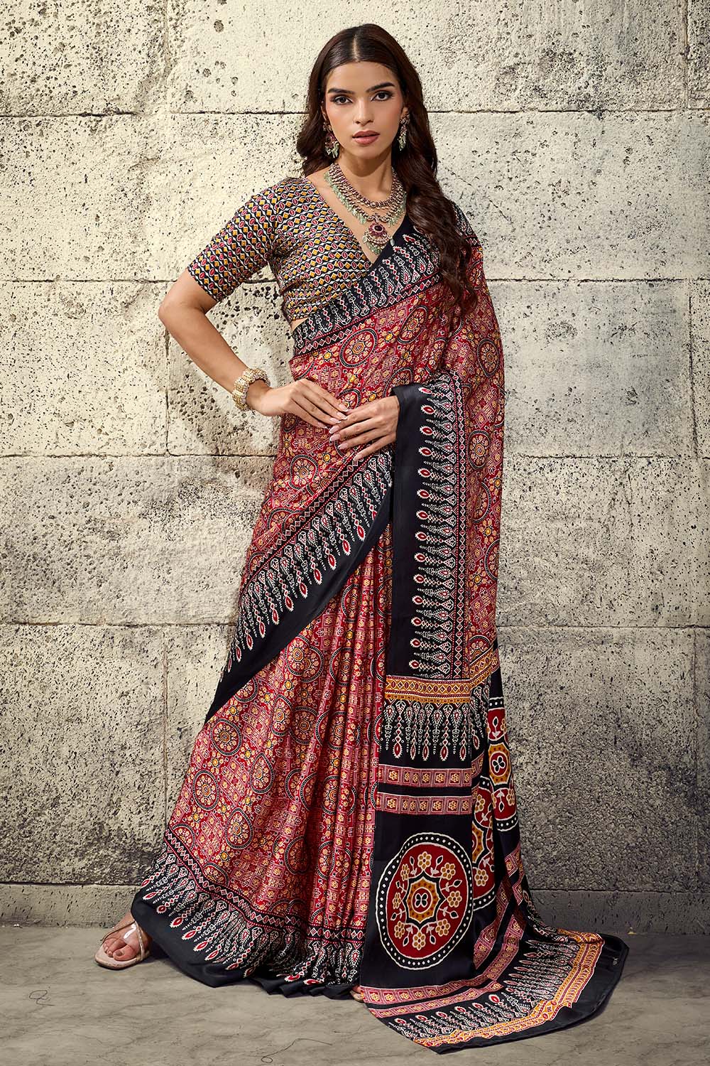 Lina Maroon and Black Ajrakh Print Modal Satin Ready to wear Saree