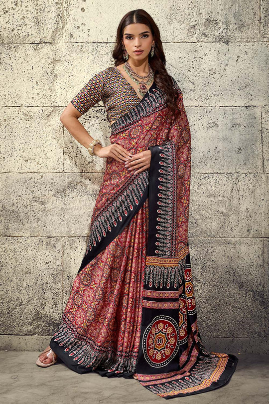 Lina Maroon and Black Ajrakh Print Modal Satin Ready to wear Saree