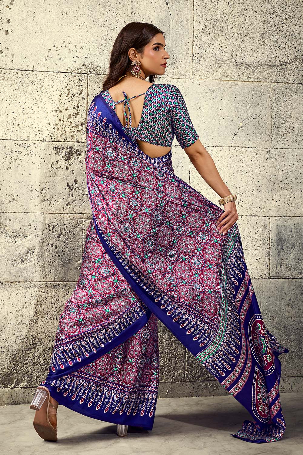 Lina Wine and Blue Ajrakh Print Modal Satin Ready to wear Saree