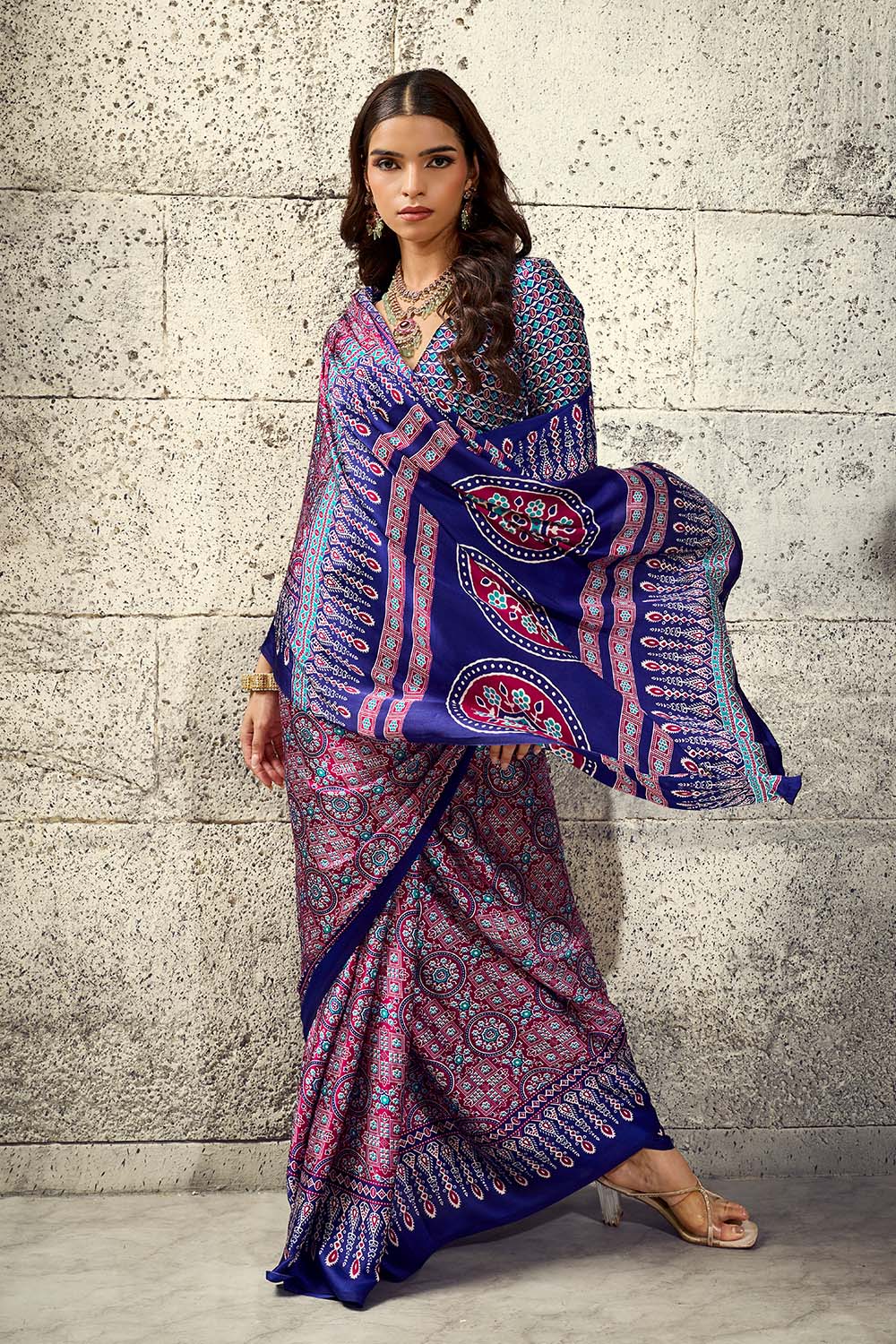 Lina Wine and Blue Ajrakh Print Modal Satin Ready to wear Saree