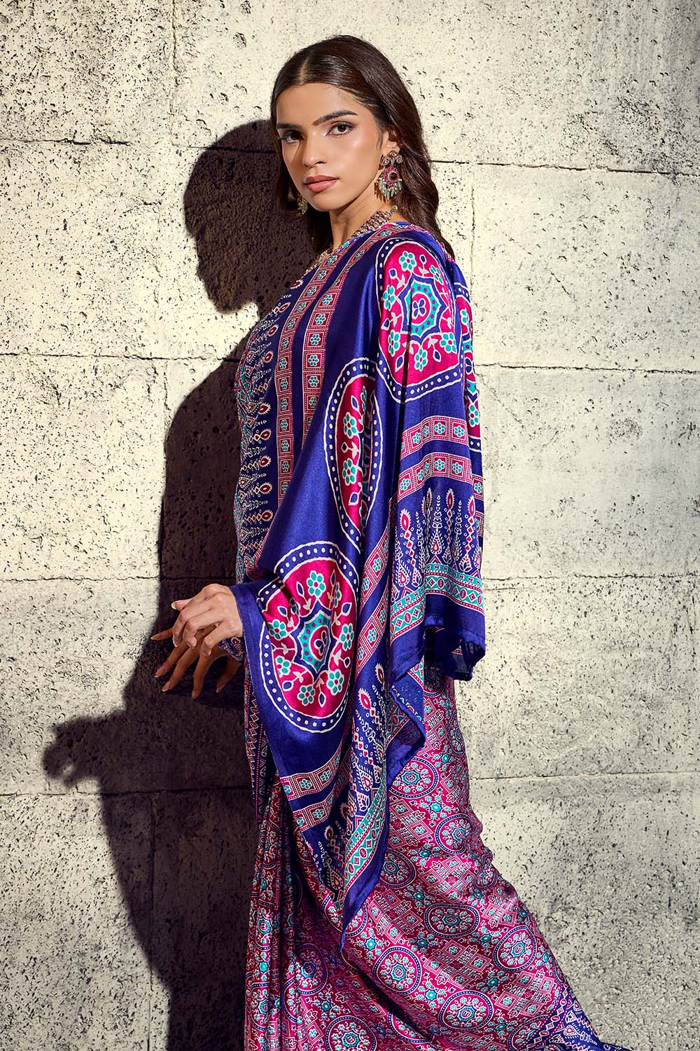 Lina Wine and Blue Ajrakh Print Modal Satin Ready to wear Saree