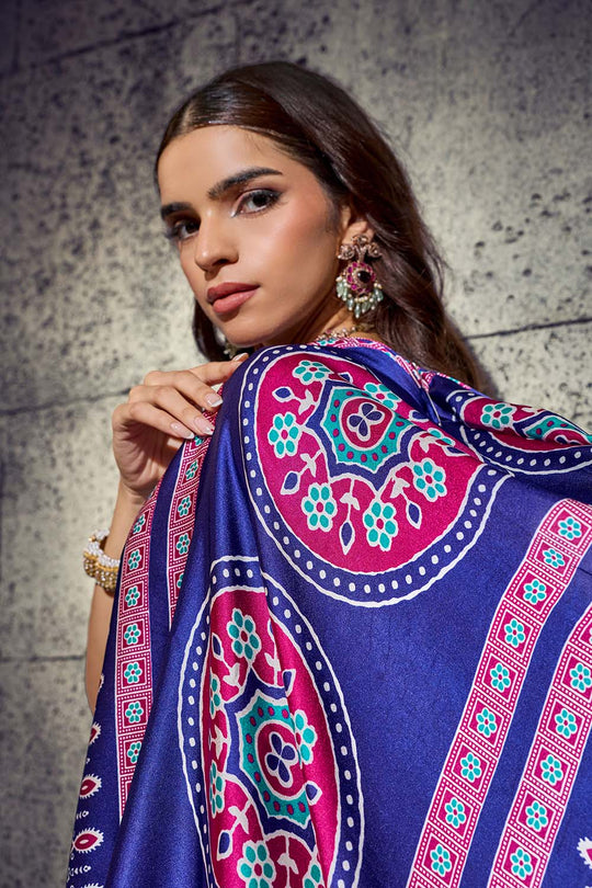 Lina Wine and Blue Ajrakh Print Modal Satin Ready to wear Saree