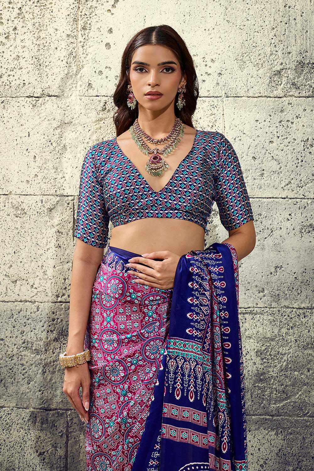 Lina Wine and Blue Ajrakh Print Modal Satin Ready to wear Saree