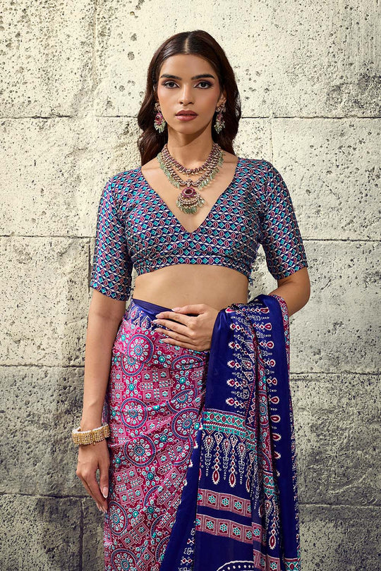 Lina Wine and Blue Ajrakh Print Modal Satin Ready to wear Saree