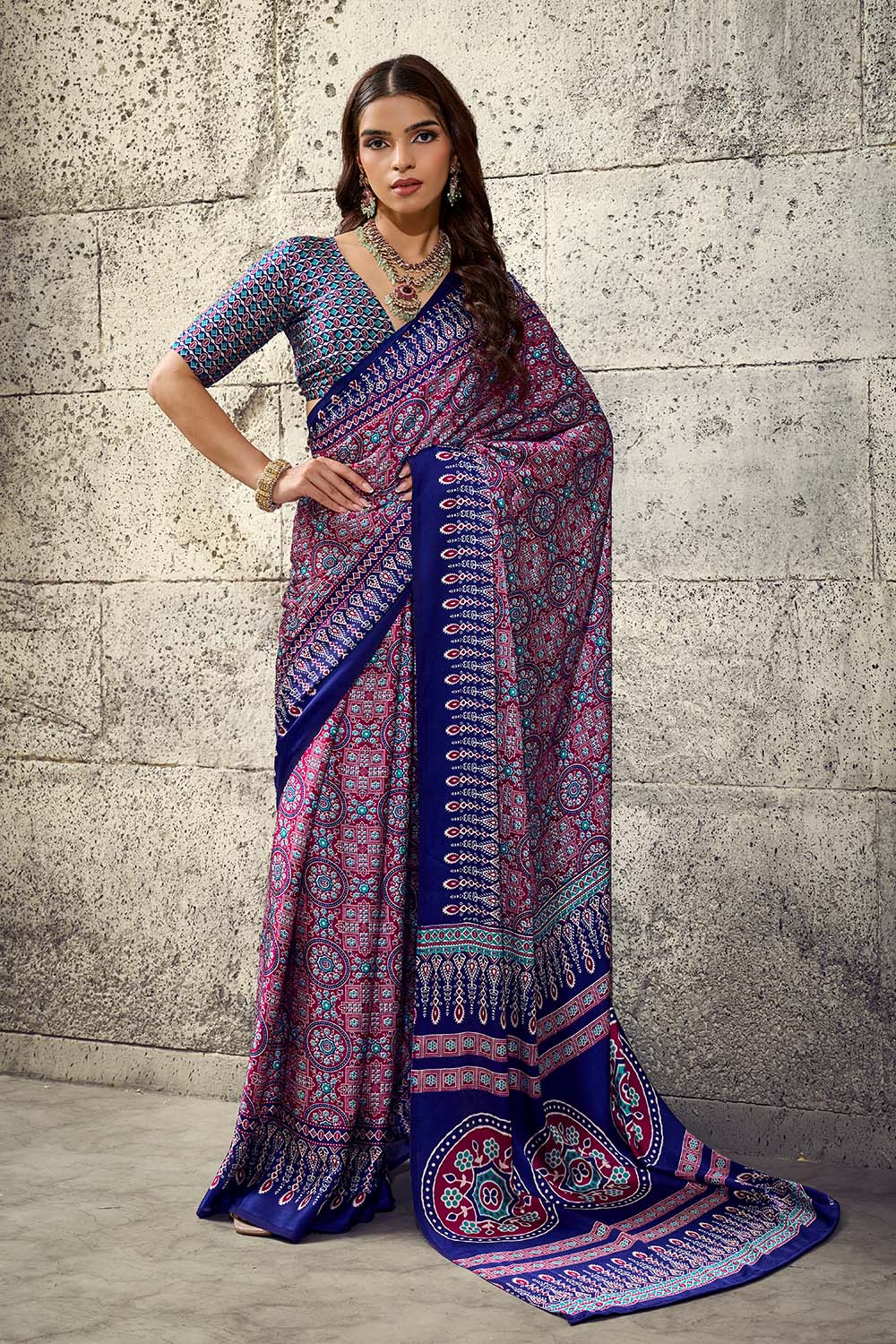 Lina Wine and Blue Ajrakh Print Modal Satin Ready to wear Saree