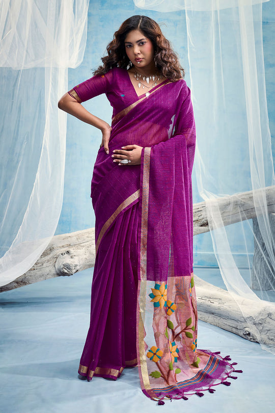 Sandhya  Purple Munga Silk Handloom Weaving Zari Work  Ready to Wear Saree