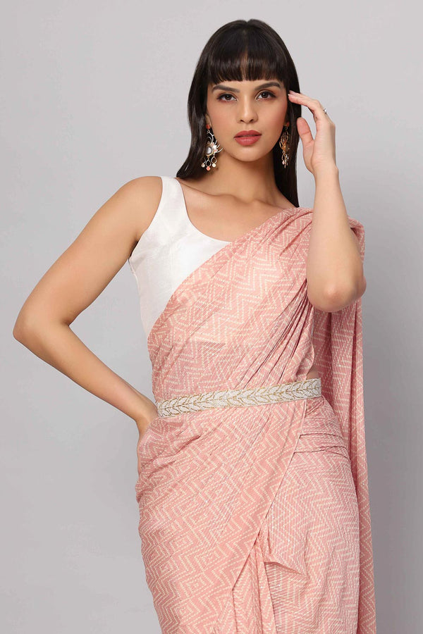 Mehr Peach & White Zigzag Sequins Crepe Silk One Minute Saree