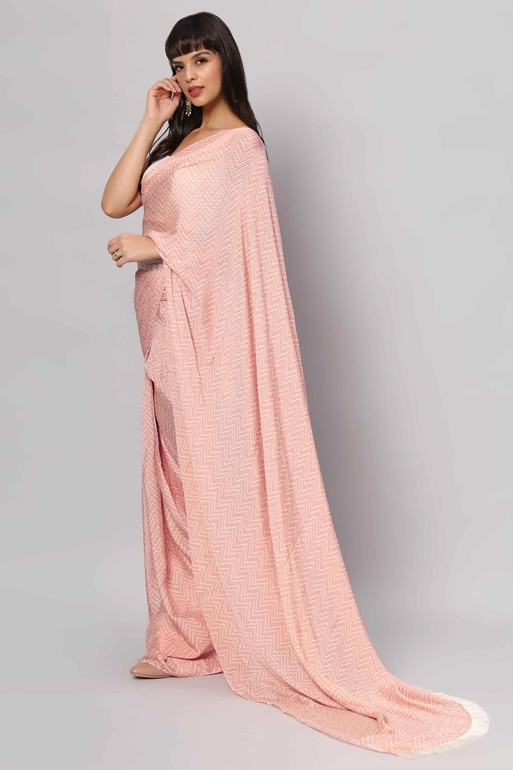 Mehr Peach Crepe Silk Sequins Ready to Wear One Minute Saree