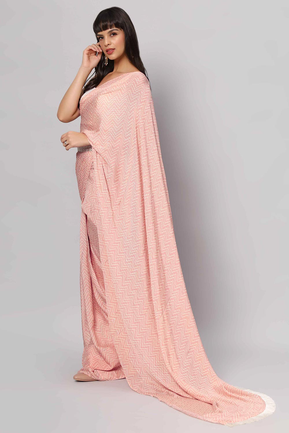 Mehr Peach & White Zigzag Sequins Crepe Silk Ready to Ship One Minute Saree