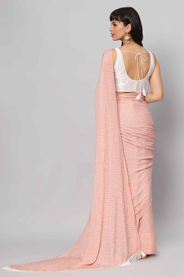 Mehr Peach & White Zigzag Sequins Crepe Silk One Minute Saree