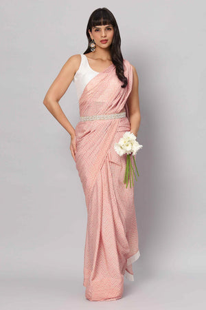 Mehr Peach & White Zigzag Sequins Crepe Silk One Minute Saree