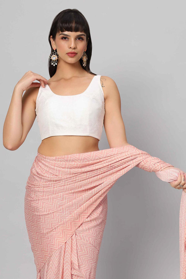 Mehr Peach & White Zigzag Sequins Crepe Silk One Minute Saree