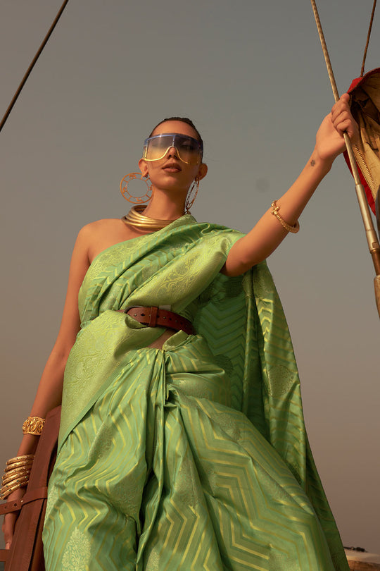 Deira Green Satin Nylon Two Tone Weaving One Minute Saree