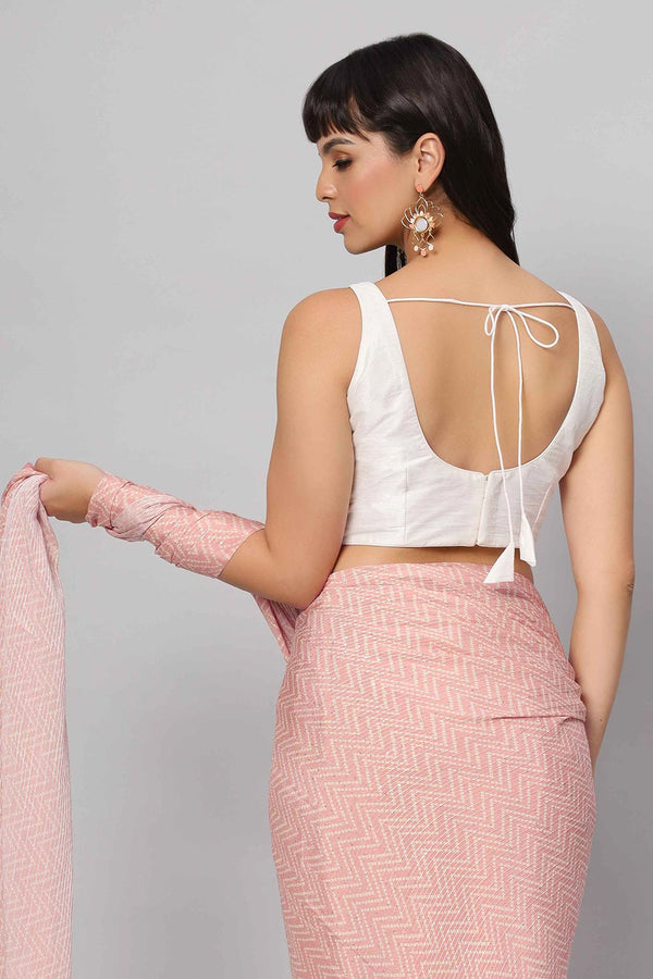 Mehr Peach & White Zigzag Sequins Crepe Silk One Minute Saree