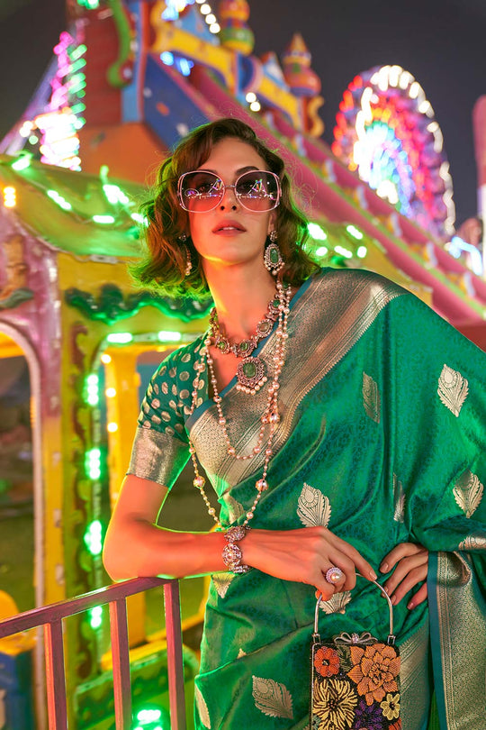 Cassie Emerald Green Handloom Weaving Silk Ready to Wear Saree