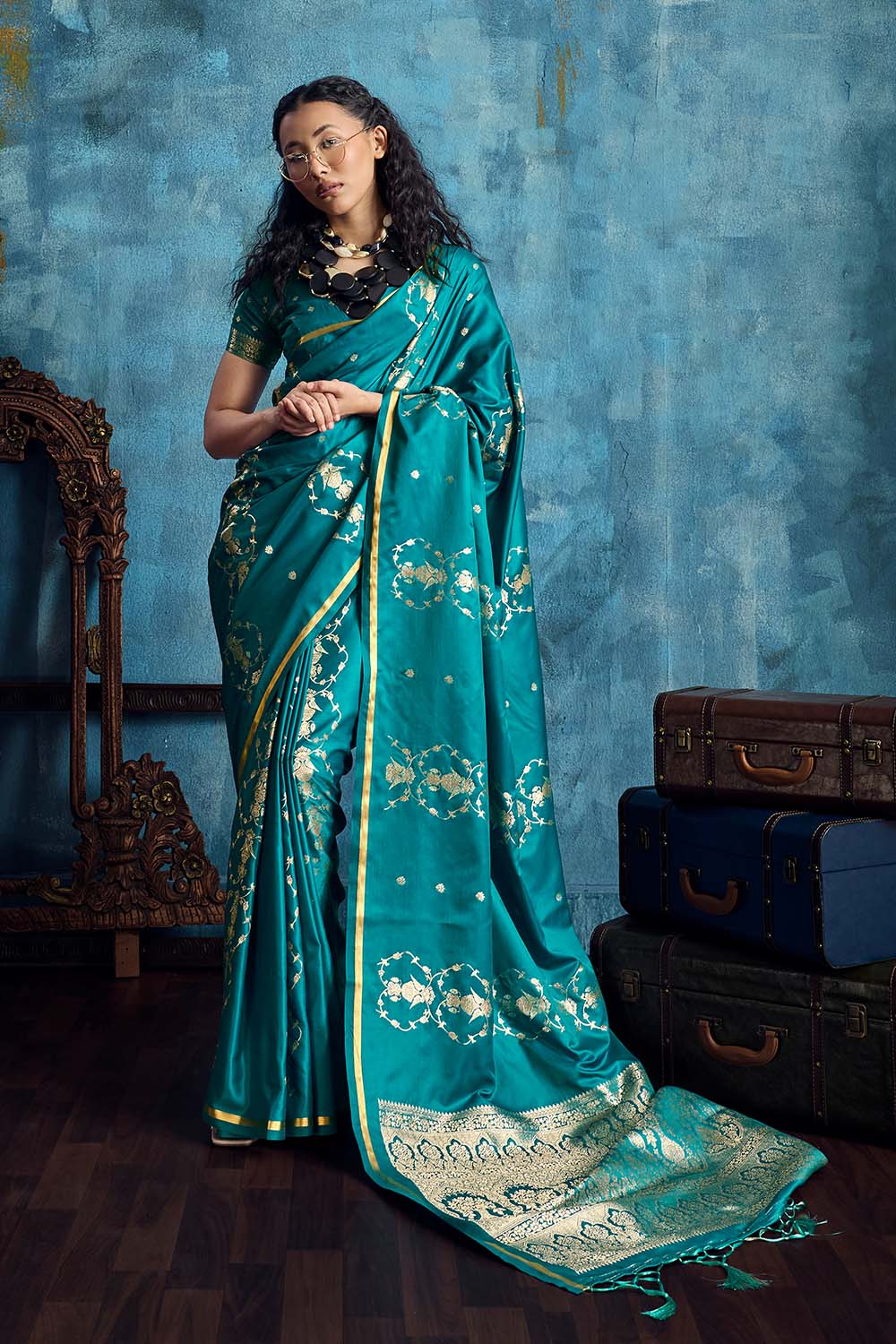 Ghazal Turquoise Blue Pure Satin Handloom Weaving Ready to Wear Saree