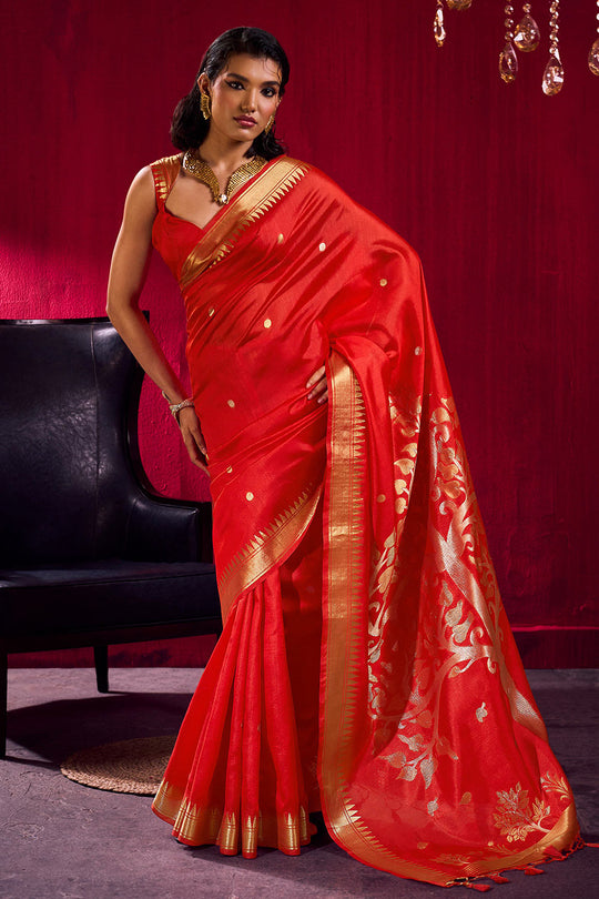 Nargis Red Satin Linen Handloom Weaving Silk Ready to Wear One Minute Saree