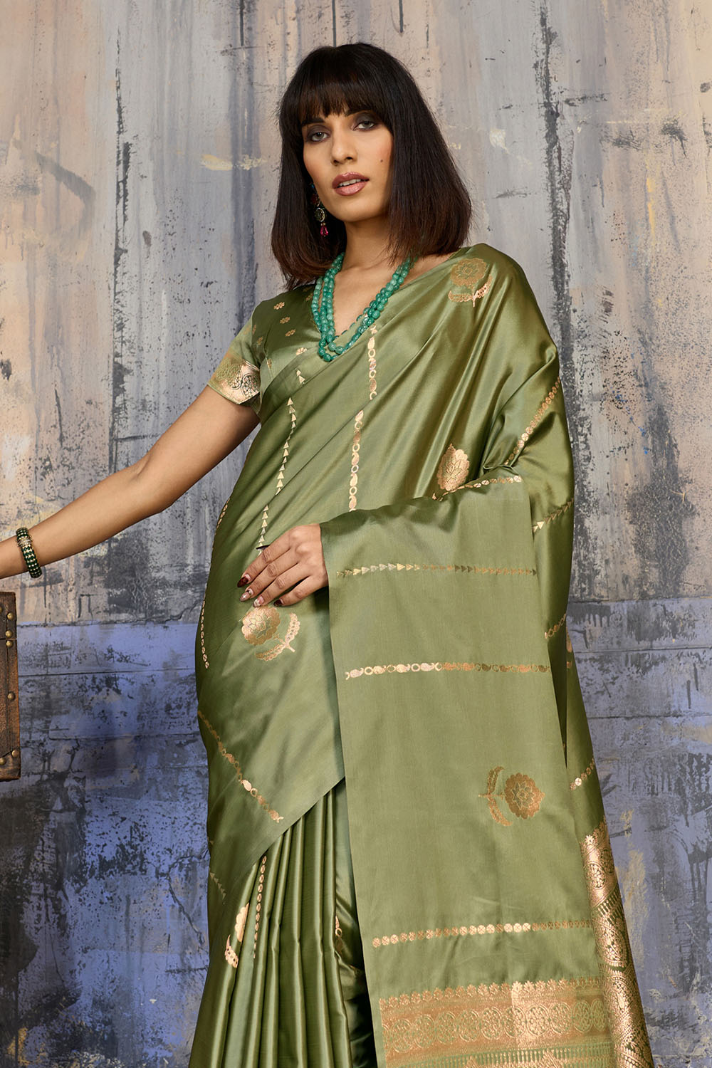 Iskra Sage Green Pure Satin Handloom Weaving Ready to Wear Saree