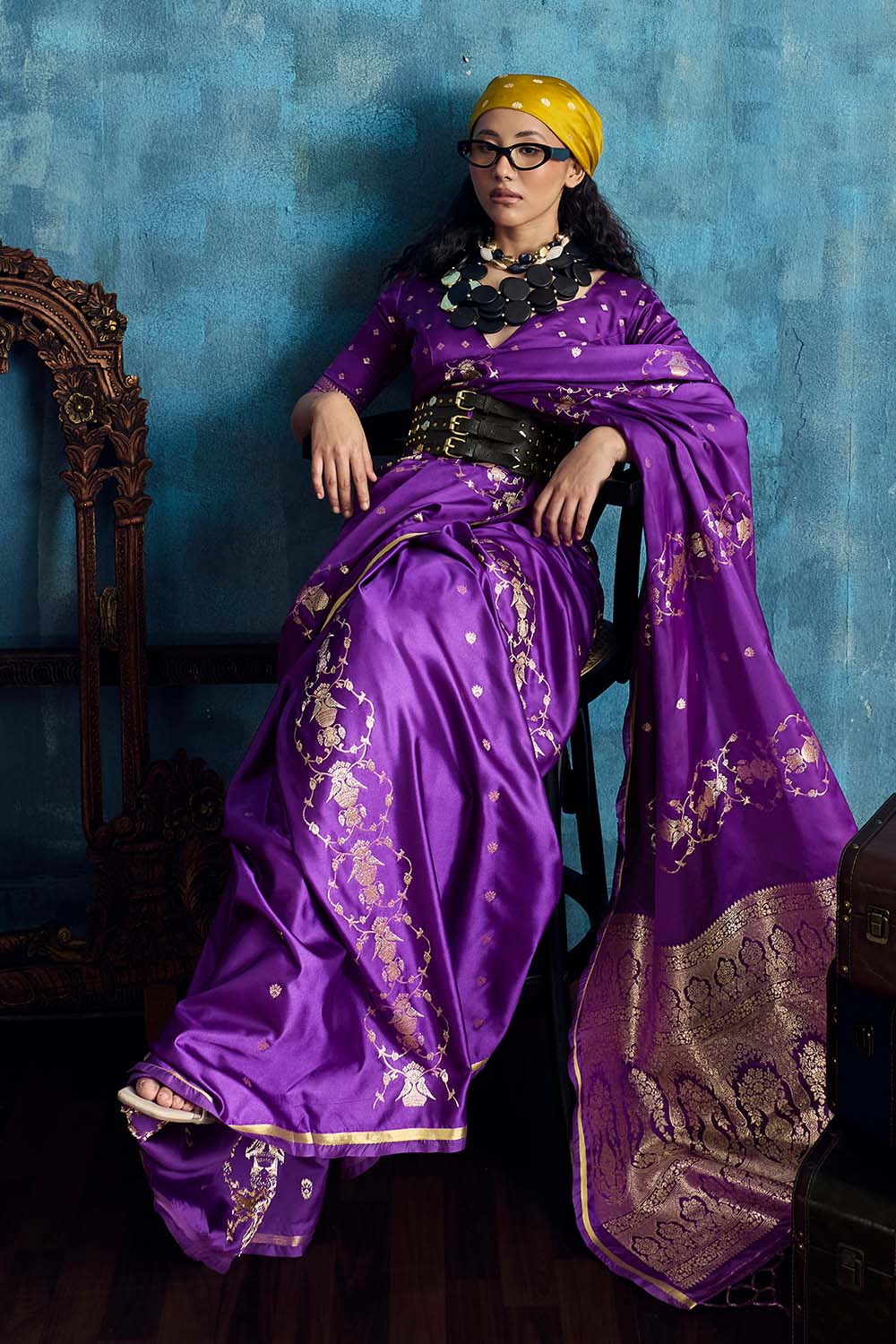 Ghazal Purple Pure Satin Handloom Weaving Ready to Wear Saree