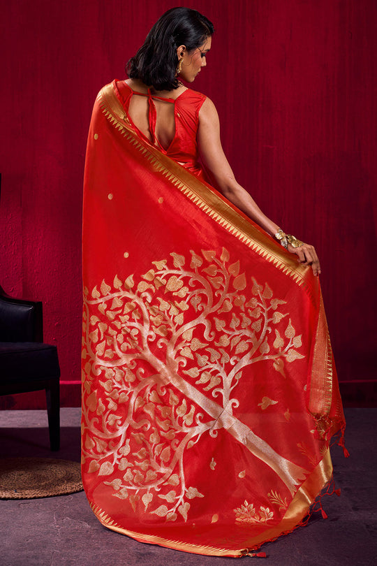 Nargis Red Satin Linen Handloom Weaving Silk Ready to Wear One Minute Saree