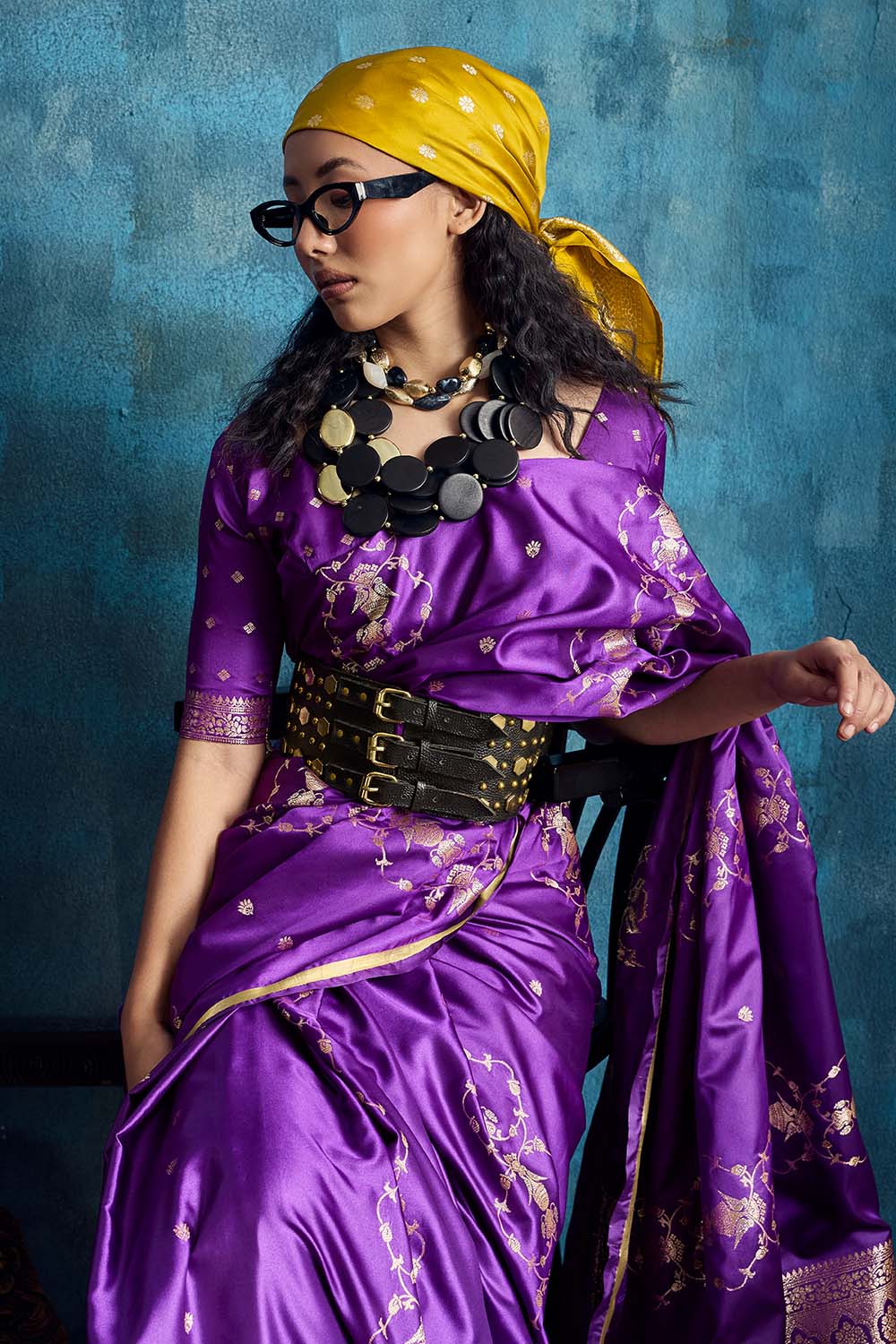 Ghazal Purple Pure Satin Handloom Weaving Ready to Wear Saree