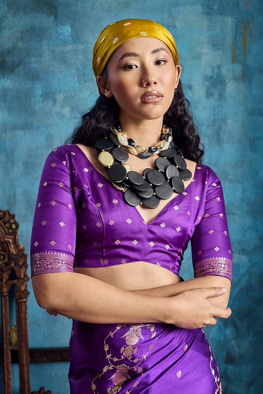 Ghazal Purple Pure Satin Handloom Weaving Ready to Wear Saree