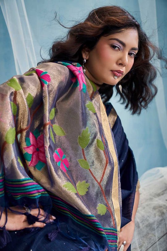 Sandhya Navy Blue Munga Silk Handloom Weaving Zari Work  Ready to Wear Saree
