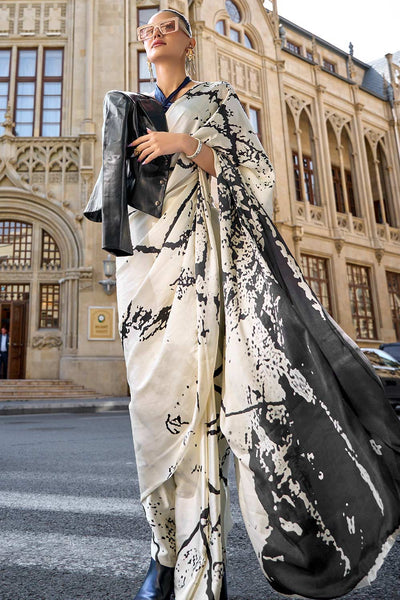 Amal White & Black Abstract Printed Satin Crepe One Minute Saree