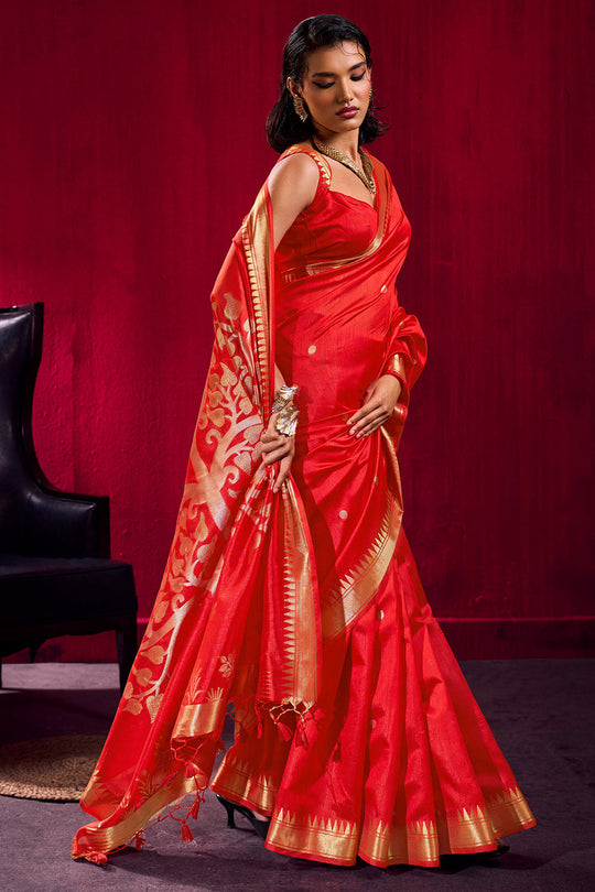 Nargis Red Satin Linen Handloom Weaving Silk Ready to Wear One Minute Saree