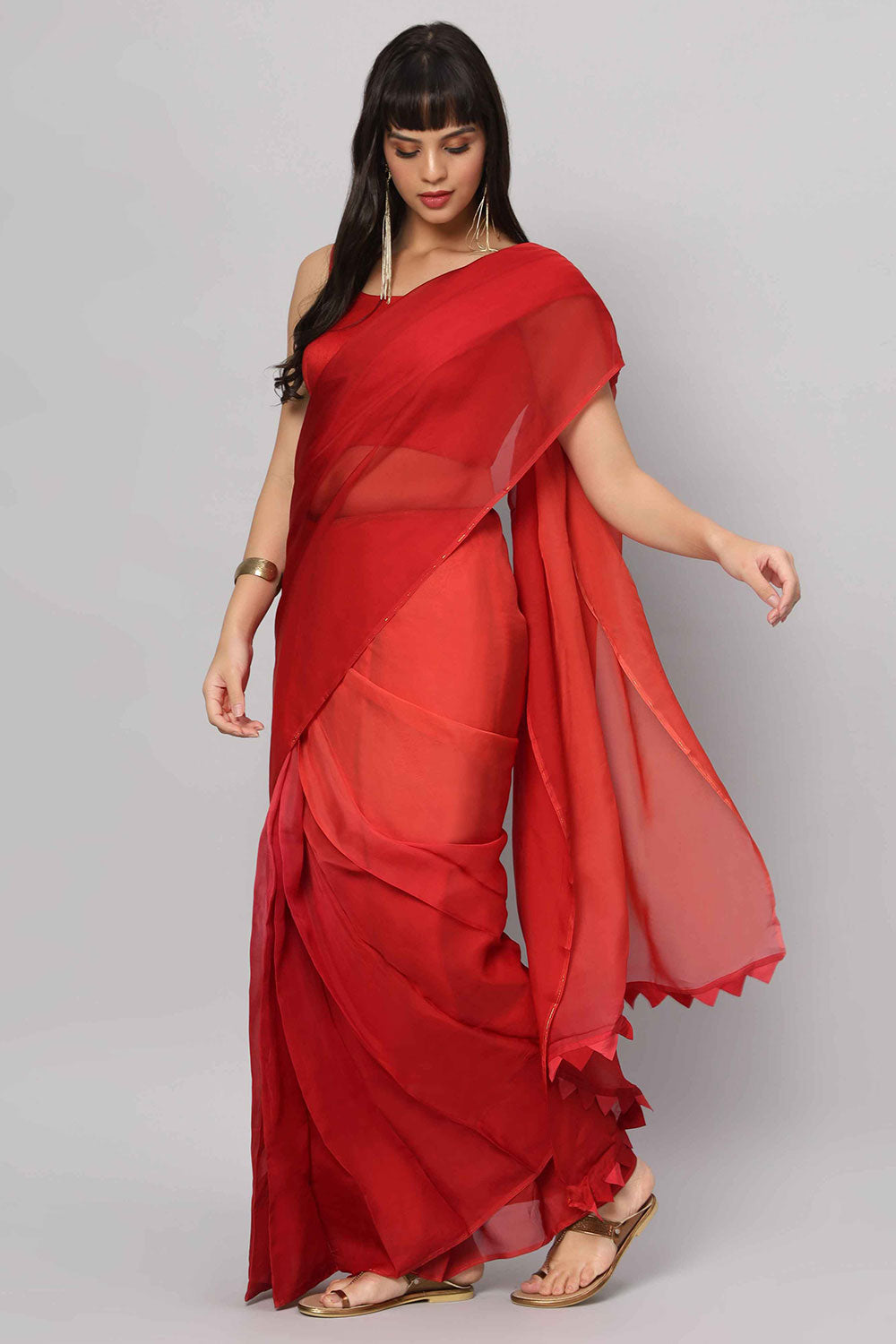 Rina Red Organza Solid Ready to Wear One Minute Saree