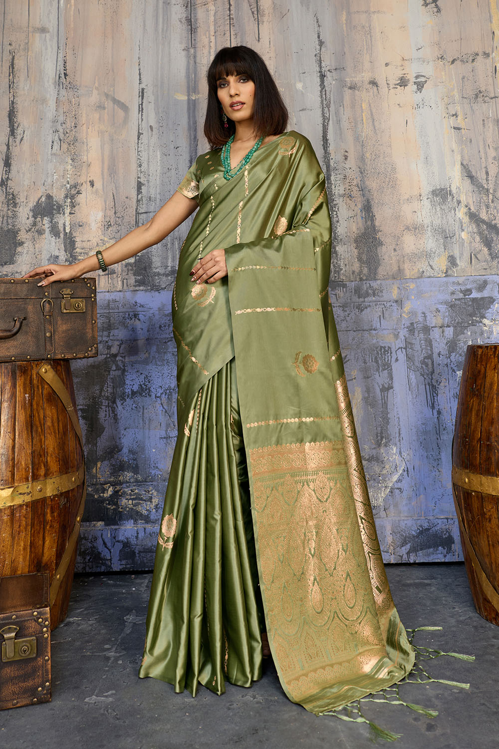 Iskra Sage Green Pure Satin Handloom Weaving Ready to Wear Saree