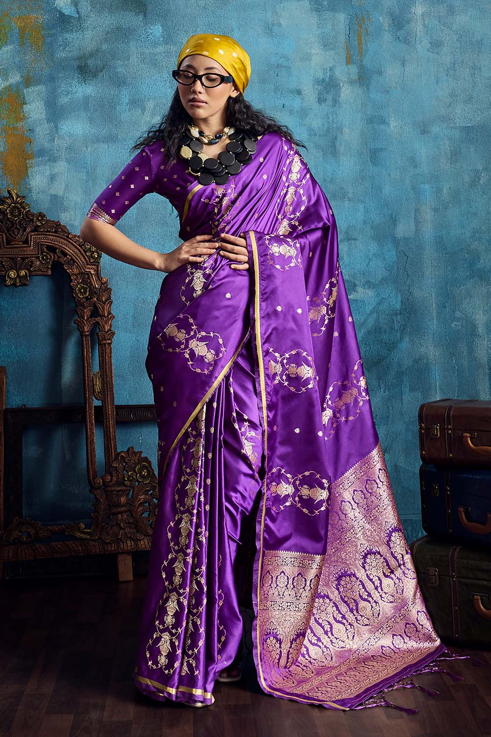 Ghazal Purple Pure Satin Handloom Weaving Ready to Wear Saree