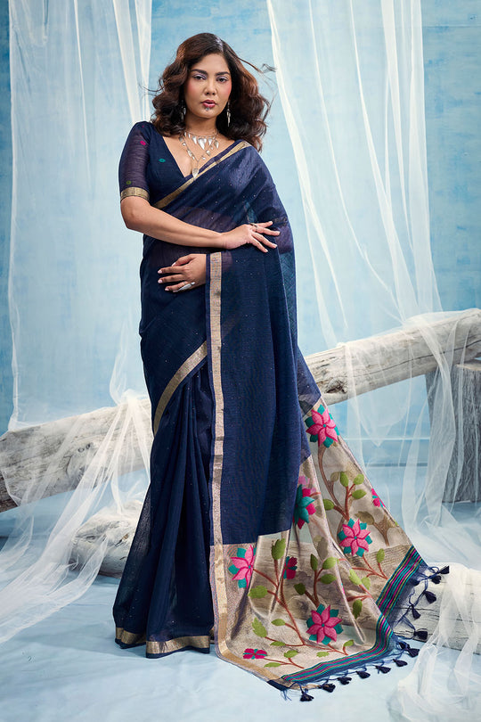 Sandhya Navy Blue Munga Silk Handloom Weaving Zari Work  Ready to Wear Saree