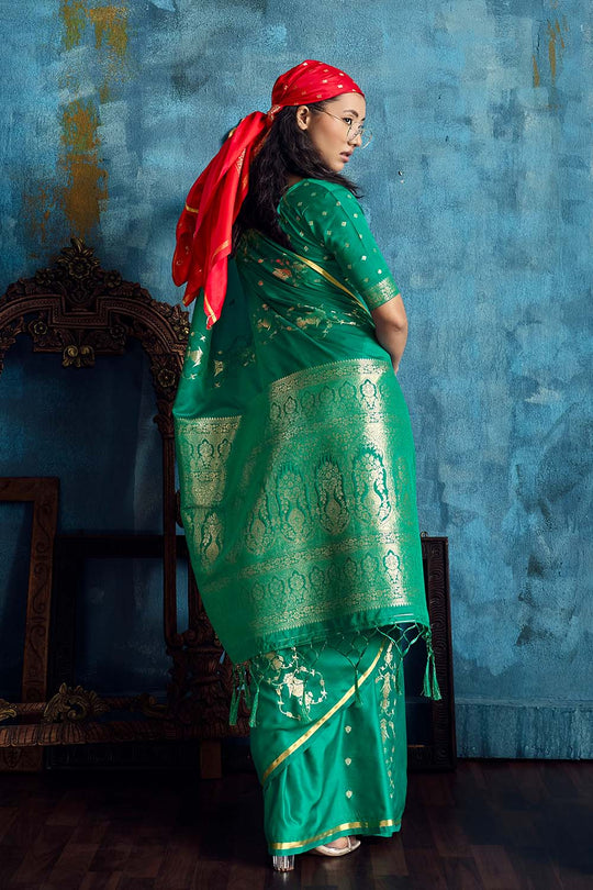 Ghazal Emerald Green Pure Satin Handloom Weaving Ready to Wear Saree