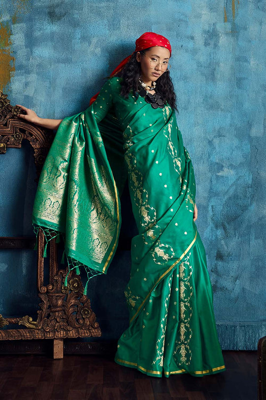 Ghazal Emerald Green Pure Satin Handloom Weaving Ready to Wear Saree