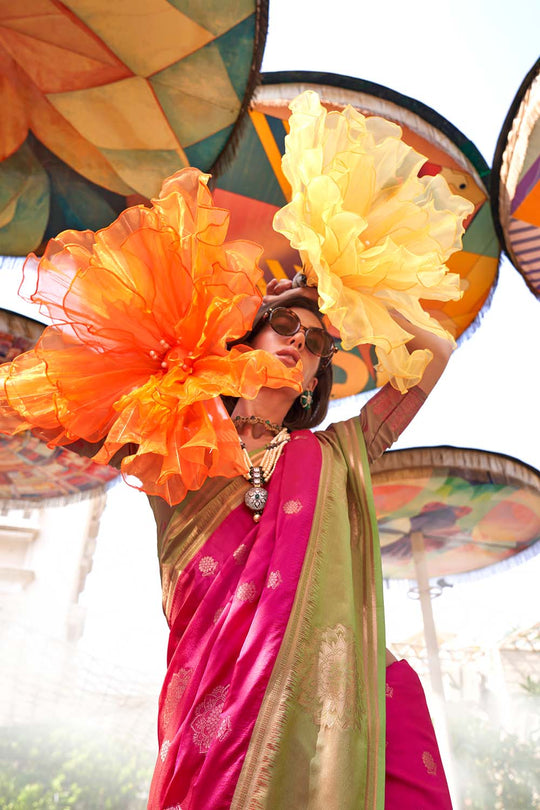 Uppal Pink Two Tone Contrast Handloom Weaving Silk One Minute Saree