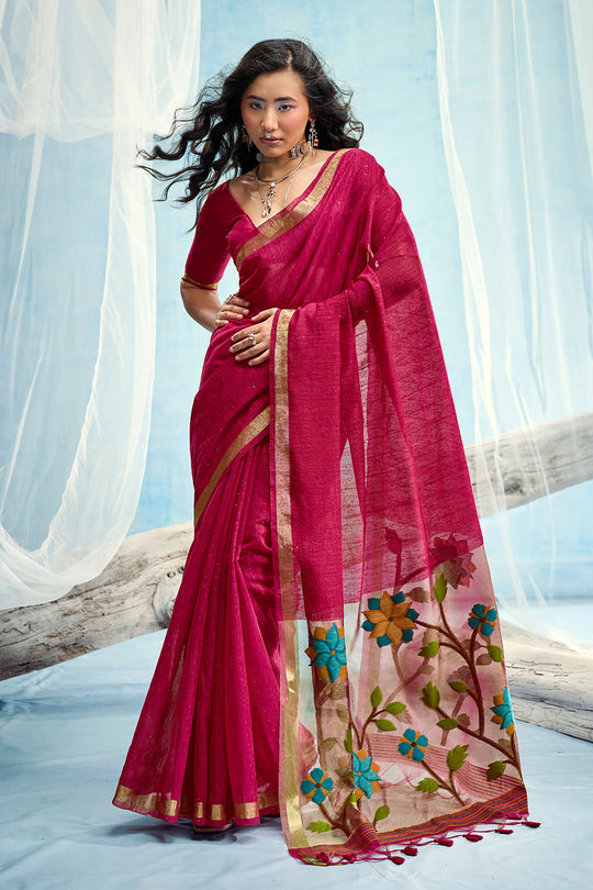 Sandhya Pink Munga Silk Handloom Weaving Zari Work  Ready to Wear Saree