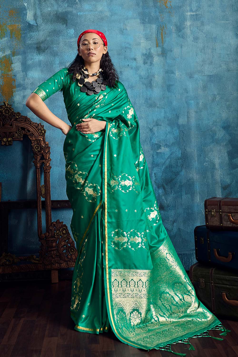 Ghazal Emerald Green Pure Satin Handloom Weaving Ready to Wear Saree