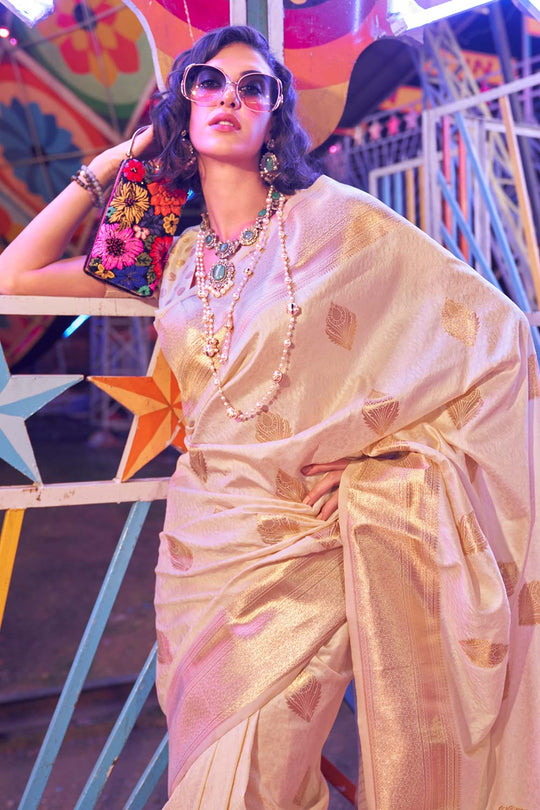 Cassie Cream Gold Handloom Weaving Silk Ready to Wear Saree