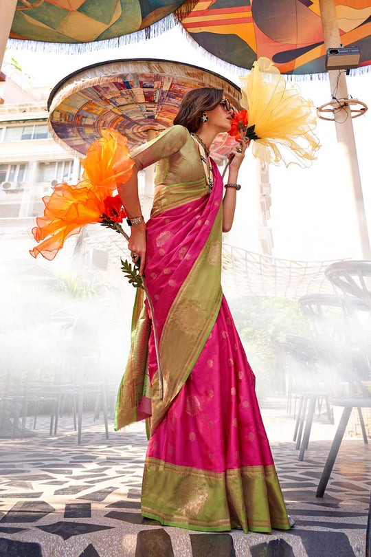 Uppal Pink Two Tone Contrast Handloom Weaving Silk One Minute Saree