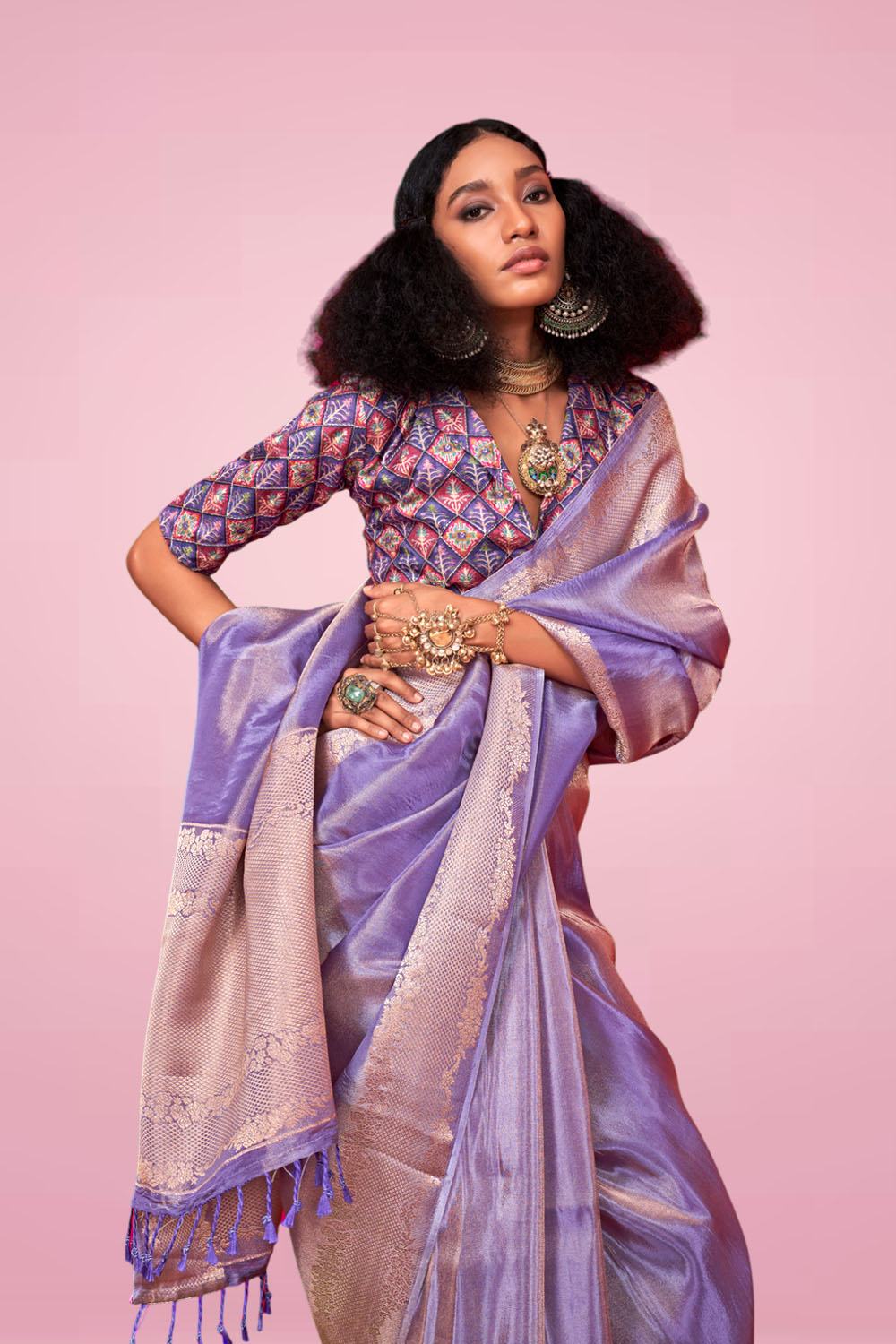 Laila Light Purple Zari Tissue One Minute Saree