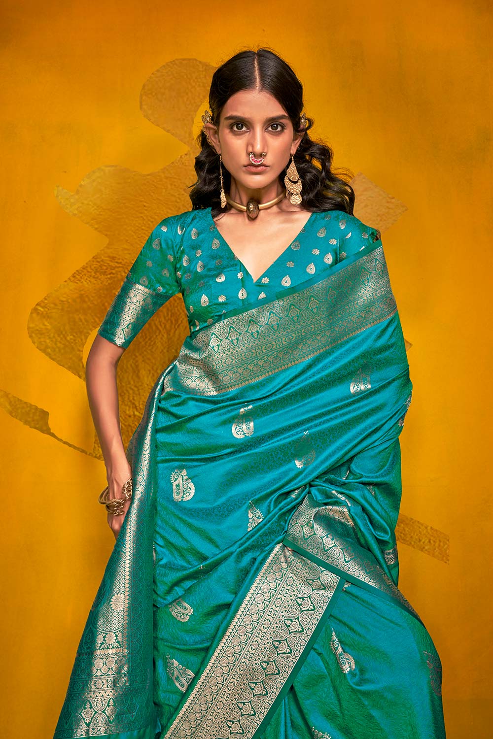 Giana Teal Two-Tone Handloom Weaving Silk One Minute Saree